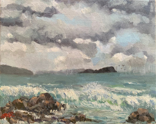 Storm over Mudjimba Island| Oil painting | Impressionist | JudithRoseArt | collector | Australian Artist